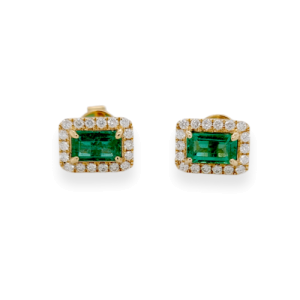 1.10 CT Colombian Emerald & 0.30 CT Diamonds in 14K Yellow Gold Stud Earrings
