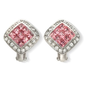 2.16 CT Natural Pink Sapphire & 1 CT Diamonds in 18K White Gold Omega Earrings