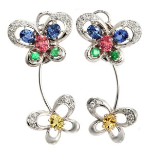 5.13 CT Multicolor Sapphire & 0.20 CT Diamonds in 18K Gold Butterfly Earrings