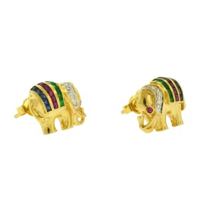 18k Yellow Gold Elephant Multi-Color Earrings 