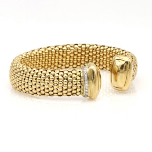 Women's Diamond Italian 18k Yellow Gold Caviar Cuff Bangle Bracelet