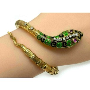 Diamond Ruby & Enamel 14k Yellow Gold Snake Flex Wrap Bracelet