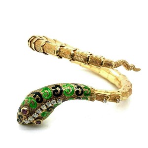 Diamond Ruby & Enamel 14k Yellow Gold Snake Flex Wrap Bracelet