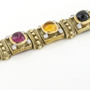 Vintage Tourmaline Gemstone Diamond Link Bracelet in 14k Green Gold