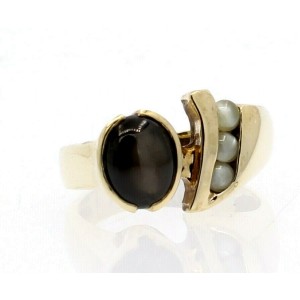 14k Yellow Gold Black Star Sapphire  Cabochon Men's Ring Size 10