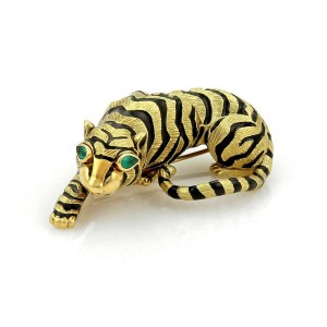Emerald & Enamel 3D Tiger 18k Yellow Gold Brooch Pin