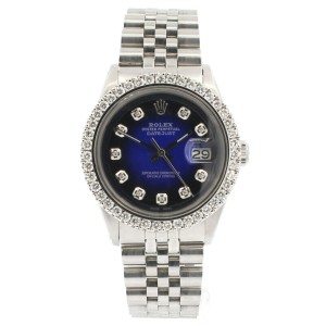 Mens Vintage ROLEX Oyster Perpetual Datejust 36mm Blue Vignette Diamond Watch