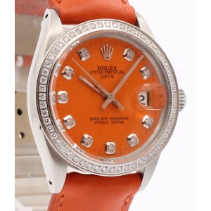 Mens Vintage ROLEX Oyster Perpetual Date 34mm ORANGE Dial Diamond Steel Watch