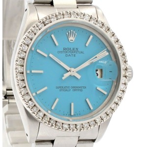 ROLEX Oyster Perpetual Date 34mm Blue  Dial Stainless Steel Diamond Men's Watch