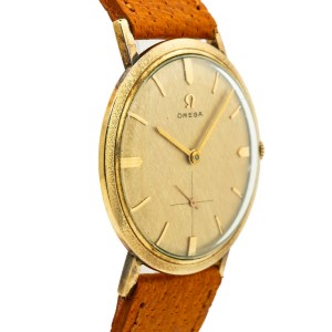 Omega Vintage H6573 Gold Plate Manual Hand Wind Gold Linen Dial Watch 34mm