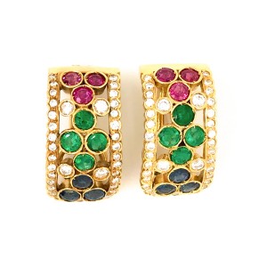 Estate 18K Yellow Gold Ruby, Sapphire and Emerald and Diamond Earrings