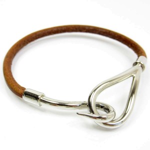 Hermes Silver Tone Metal Brown Leather Bracelet 