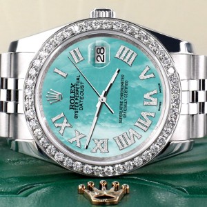 Rolex Datejust 116200 36mm 2.0ct Diamond Bezel/Aquamarine MOP Diamond Roman Dial Steel Watch