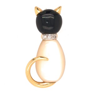 Cat Lover and Proud of it. 14K Mother of Pearl and Onyx Diamond Collar Cat Pin
