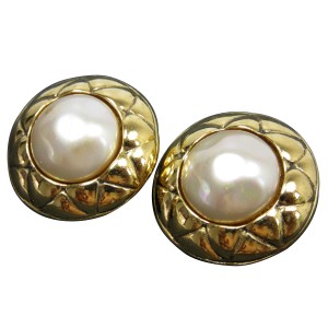 Chanel Gold Tone Simulated Glass Pearl Stone Earrings 