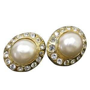 Chanel Gold Tone Simulated Glass Pearl Rhinestone Earrings 