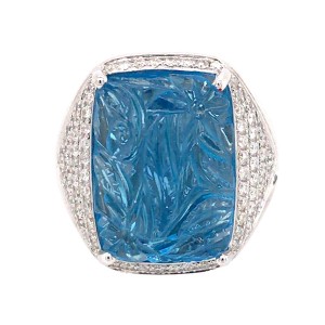 18k White Gold Hand Carved Blue Topaz and Diamond Ring