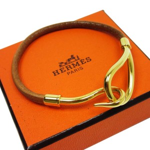  Hermes Gold Tone Metal Brown Leather Bracelet