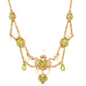 18k Yellow Gold Peridot, Pearl and Diamond Vintage Necklace