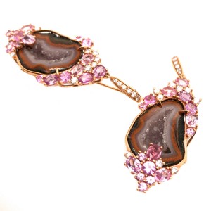 18k Rose Gold Druzy Gem, Pink Sapphire and Diamond Earrings