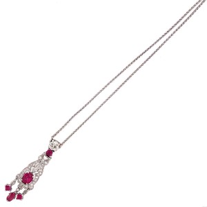 Estate Platinum Art Deco Ruby and Diamond Pendant Necklace