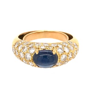18k Yellow Gold Pave Diamond and Sapphire Cabochon Ring