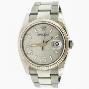 Rolex Datejust 36MM Steel/White Gold Fluted Bezel/Silver Waves Diamond Arabic 6 And 9 Dial Watch 116234