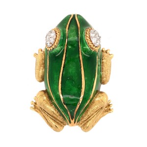18k Yellow Gold Green Enamel Frog Diamond Brooch