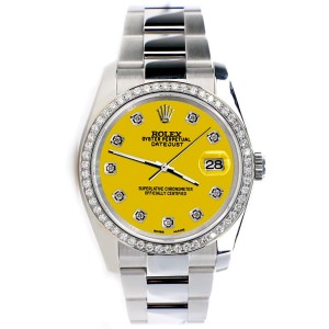 Rolex Datejust 36MM Steel Oyster Watch with Custom Diamond Bezel/Yellow Diamond Dial 116200