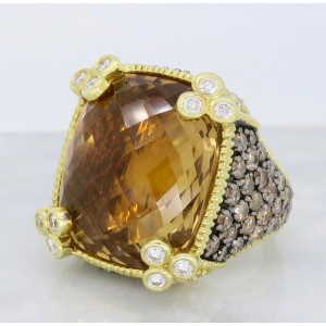 Judith Ripka 18K Yellow Gold Champagne Quartz & 2.05ct Diamond Ring Size 6