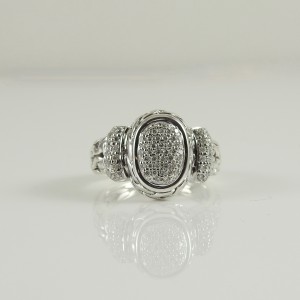  John Hardy Sterling Silver 18K White Gold .50tcw Small Oval Pave Diamond Classic Chain Ring