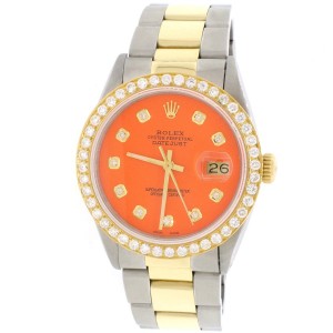 Rolex Datejust 2-Tone 18K Gold/SS 36mm Automatic Oyster Watch w/ Orange Diamond Dial / Gold Diamond Bezel