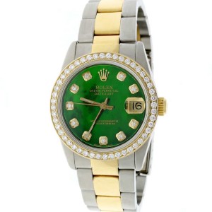 Rolex Datejust Midsize 2-Tone 18K Gold/SS 31mm Automatic Oyster Watch with Emerald Green MOP Diamond Dial & Bezel