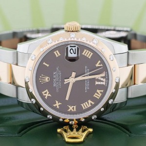 Rolex Datejust 31MM Rose Gold/Steel Watch With Factory Diamond Domed Bezel/Chocolate Roman Dial 178341 Box Papers