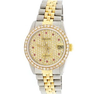 Rolex Datejust Midsize 18K Yellow Gold/Stainless Steel Ladies Watch w/Custom Diamond Bezel/Pave Diamond Dial 68273