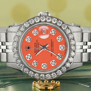 Rolex Datejust Steel 26mm Jubilee Watch Orange 1.3CT Diamond Bezel & Dial