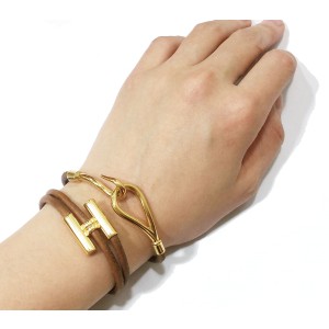 Hermes 18K Gold Plated Palladium H Leather Bracelet  
