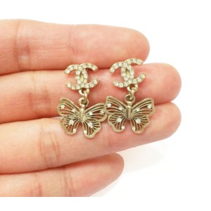 Chanel Rhinestone CC Gold Butterfly Dangle Piercing Earrings 