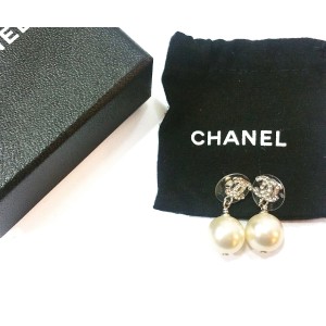 Chanel CC Rhinestone Simulated Glass Pearl Dangle Piercing Earrings  