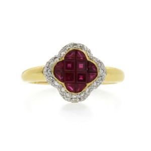 Four Leaf Clover 1.69 CT Ruby & 0.40 CT Diamonds 18K Gold Band Ring Size 6-8