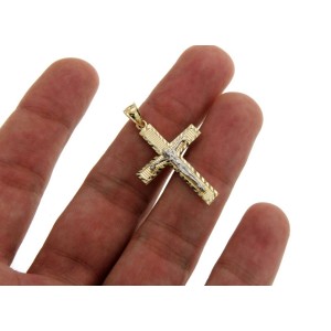 Real 14k TwoTone Gold Jesus Crucifix 39 mm Height Diamond Cut Cross Pendant »G12
