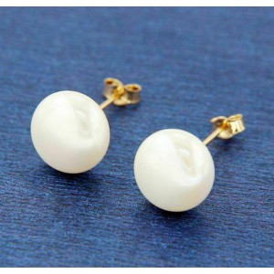 ¦14K Solid Gold 9 mm White Freshwater Pearl Stud Earring