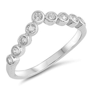 Women's 925 Sterling Silver Cubic Zirconia V Chevron Wedding Band Ring