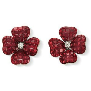 18K White Gold 0.20 CT Diamonds & Invisible 14.13 CT Ruby Flower Earring »E3233