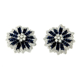 18K Gold Diamonds & Invisible Set 14.28 CT Blue Sapphire Flower Earrings »BL2560