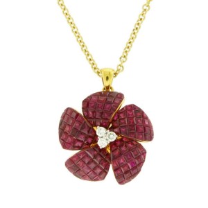 14K Yellow Gold 0.16 CT Diamonds 10.54 CT Invisible Set Ruby Necklace 16" »N2957