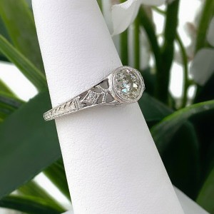 Old European Cut Diamond 0.97 TCW Engagement Ring 18K White Gold Art Deco