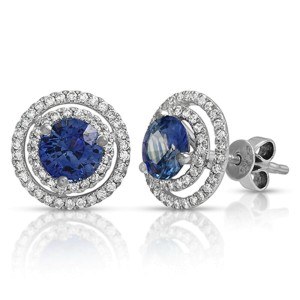 2.26 CT Natural Blue Sapphire & 0.47 CT Diamonds14K White Gold Stud Earrings