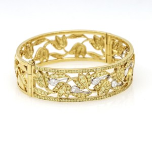 Women's Fancy Yellow Diamond Floral Openwork Hinged Bangle Bracelet 18k Gold
