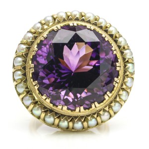 Mid-Century Amethyst Pearl Statement Ring in 14k Yellow Gold